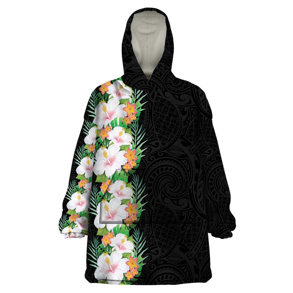 Hawaii Tropical Flowers Tribal Pattern Wearable Blanket Hoodie No3 LT9 One Size Black - Polynesian Pride