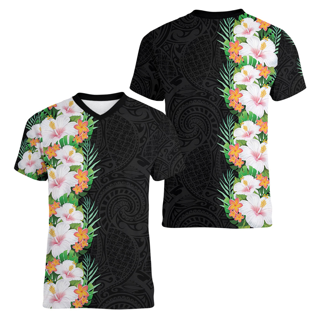 Hawaii Tropical Flowers Tribal Pattern Women V Neck T Shirt No3 LT9 - Polynesian Pride