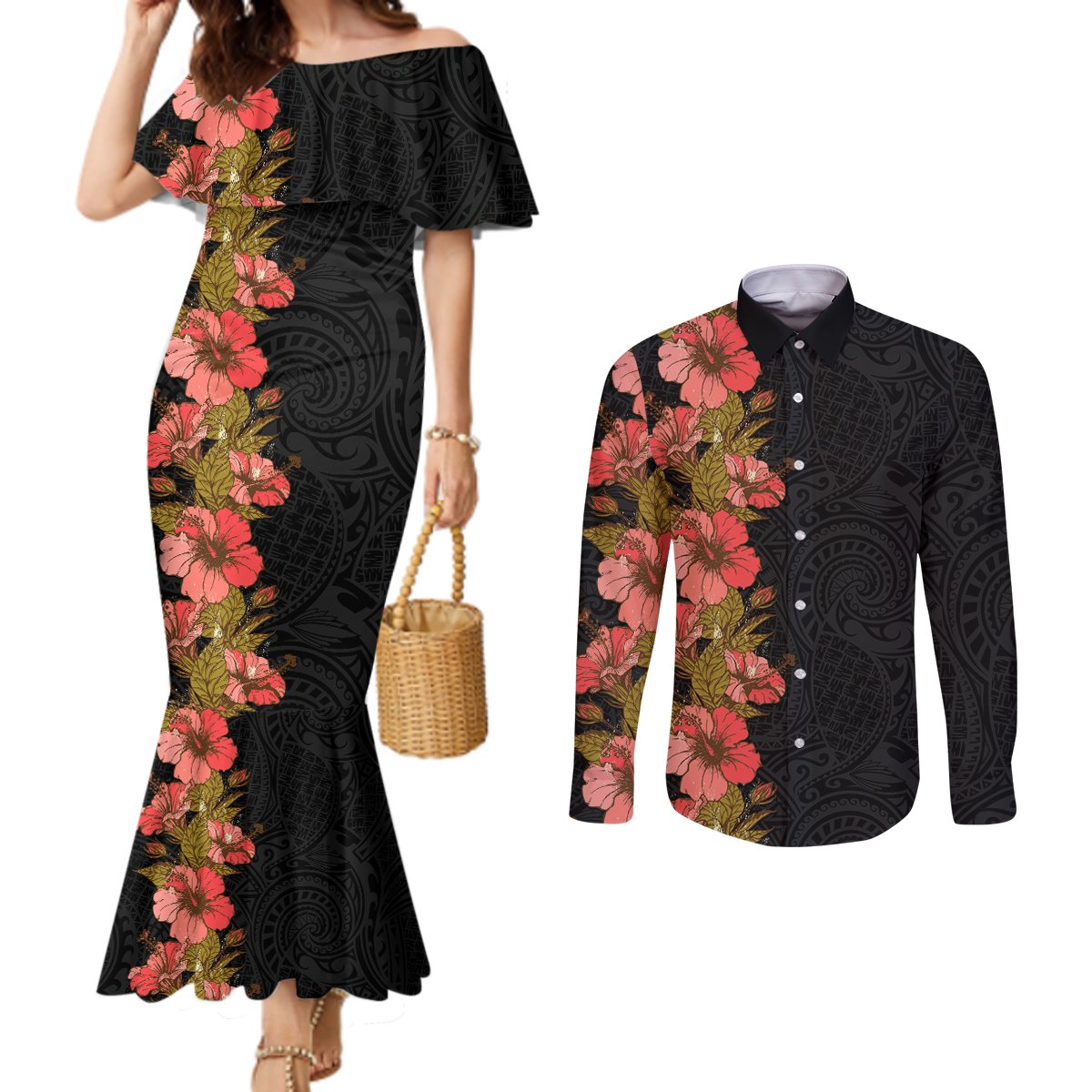 Hawaii Tropical Flowers Tribal Pattern Couples Matching Mermaid Dress and Long Sleeve Button Shirt No4 LT9 Black - Polynesian Pride
