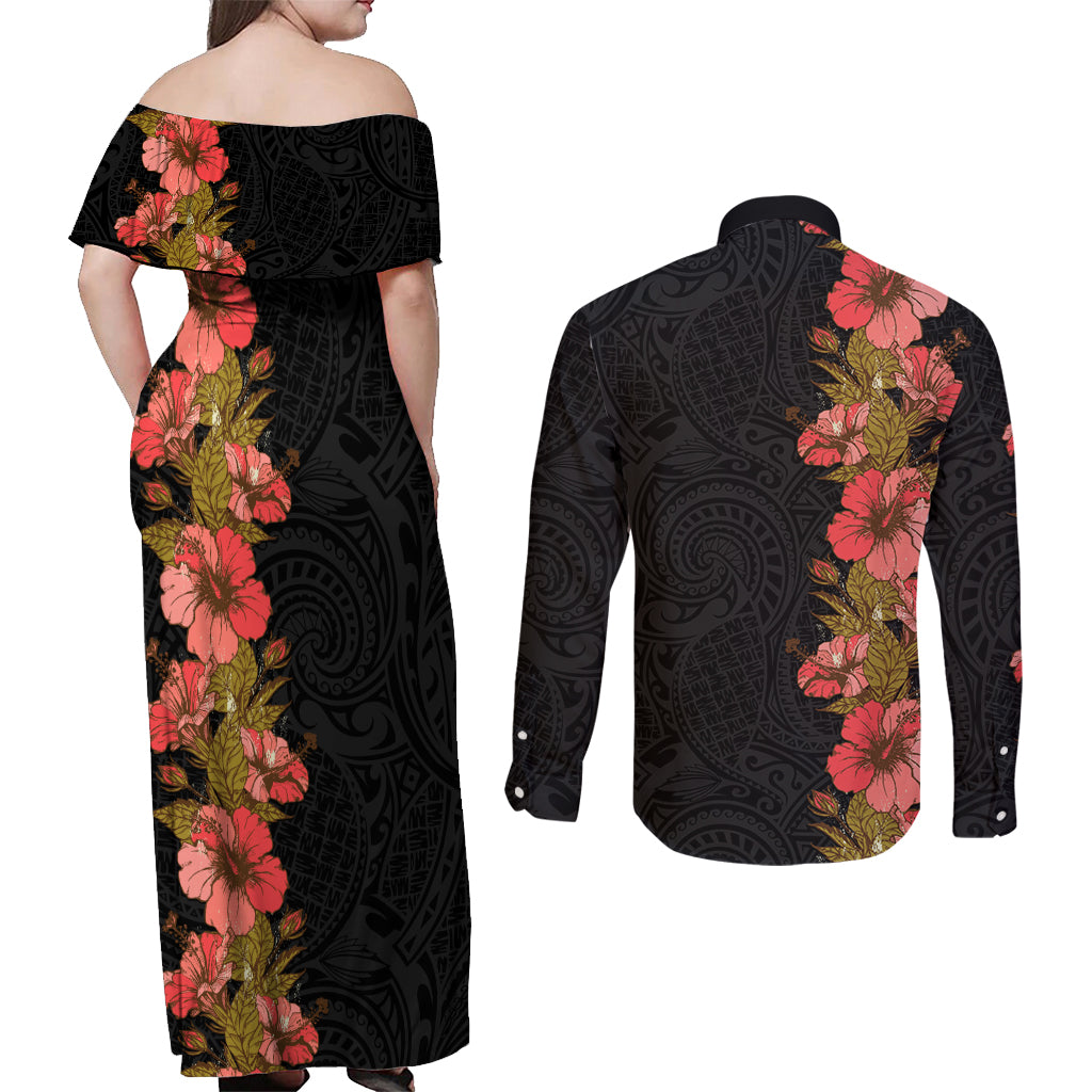 Hawaii Tropical Flowers Tribal Pattern Couples Matching Off Shoulder Maxi Dress and Long Sleeve Button Shirt No4 LT9 - Polynesian Pride