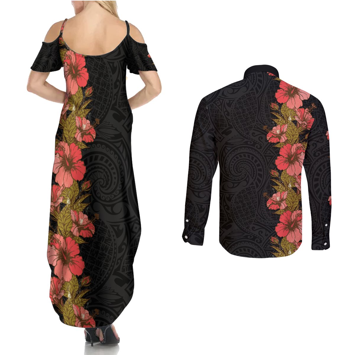 Hawaii Tropical Flowers Tribal Pattern Couples Matching Summer Maxi Dress and Long Sleeve Button Shirt No4 LT9 - Polynesian Pride