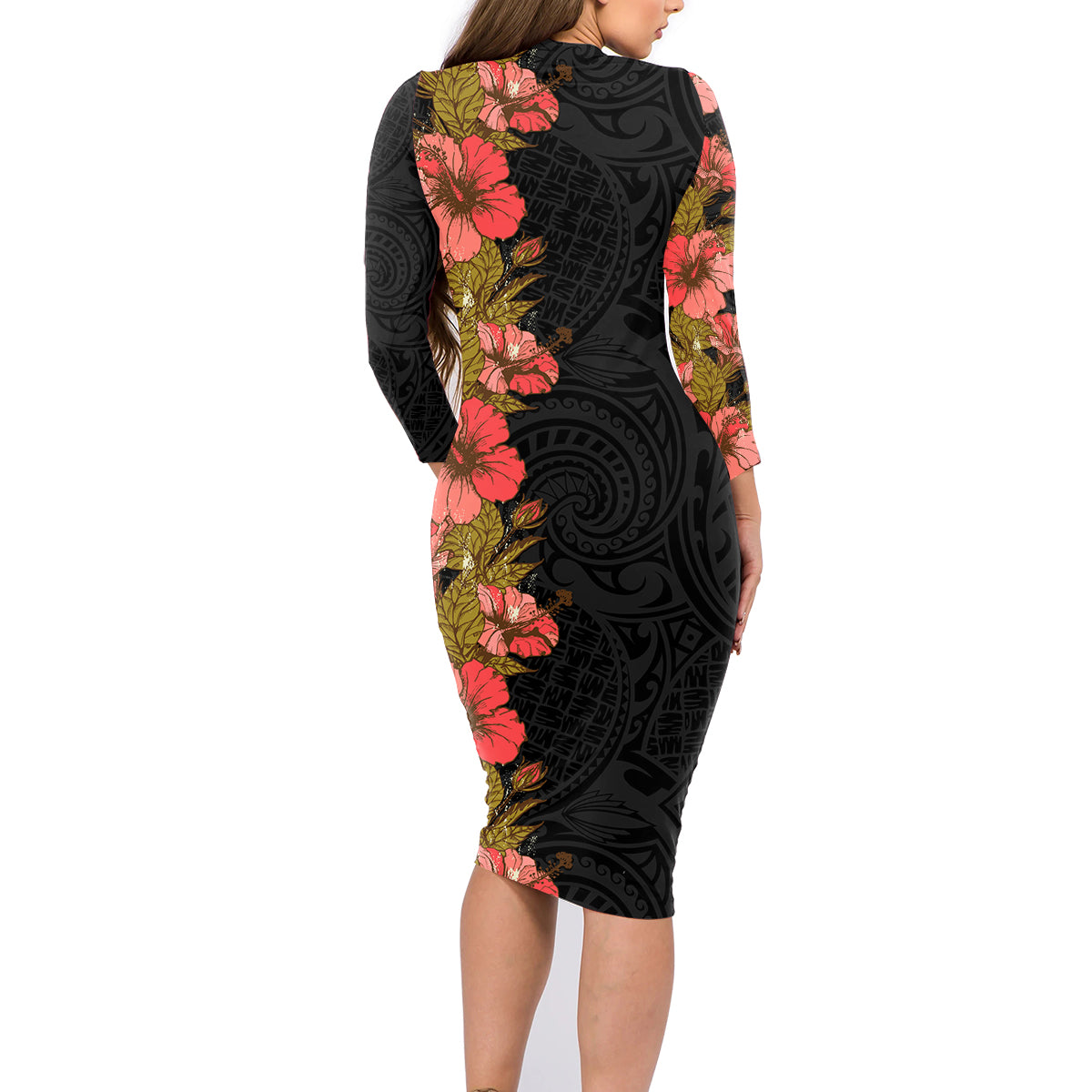 Hawaii Tropical Flowers Tribal Pattern Family Matching Long Sleeve Bodycon Dress and Hawaiian Shirt No4 LT9 - Polynesian Pride