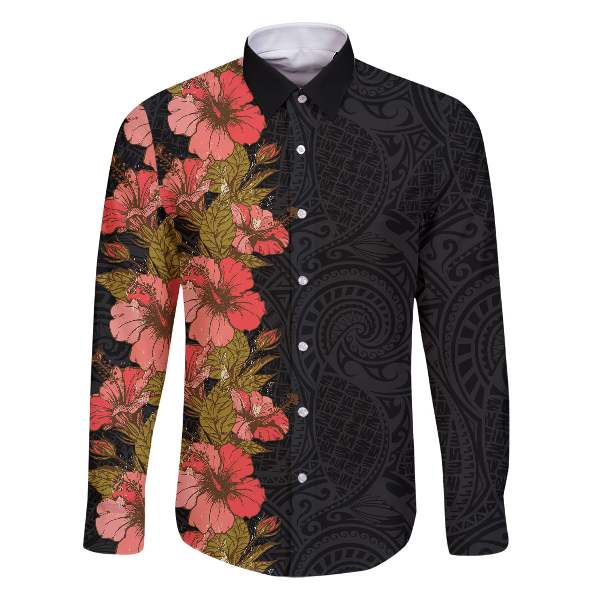 Hawaii Tropical Flowers Tribal Pattern Family Matching Off Shoulder Long Sleeve Dress and Hawaiian Shirt No4 LT9 Dad's Shirt - Long Sleeve Black - Polynesian Pride