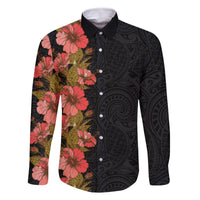Hawaii Tropical Flowers Tribal Pattern Family Matching Off Shoulder Maxi Dress and Hawaiian Shirt No4 LT9 Dad's Shirt - Long Sleeve Black - Polynesian Pride