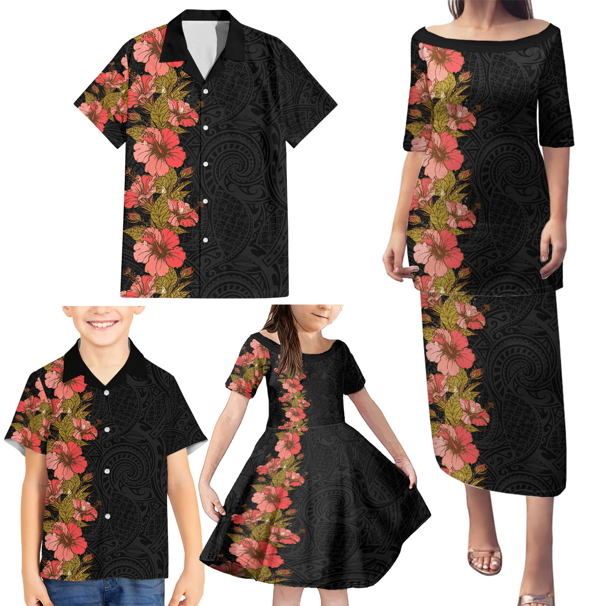 Hawaii Tropical Flowers Tribal Pattern Family Matching Puletasi and Hawaiian Shirt No4 LT9 - Polynesian Pride