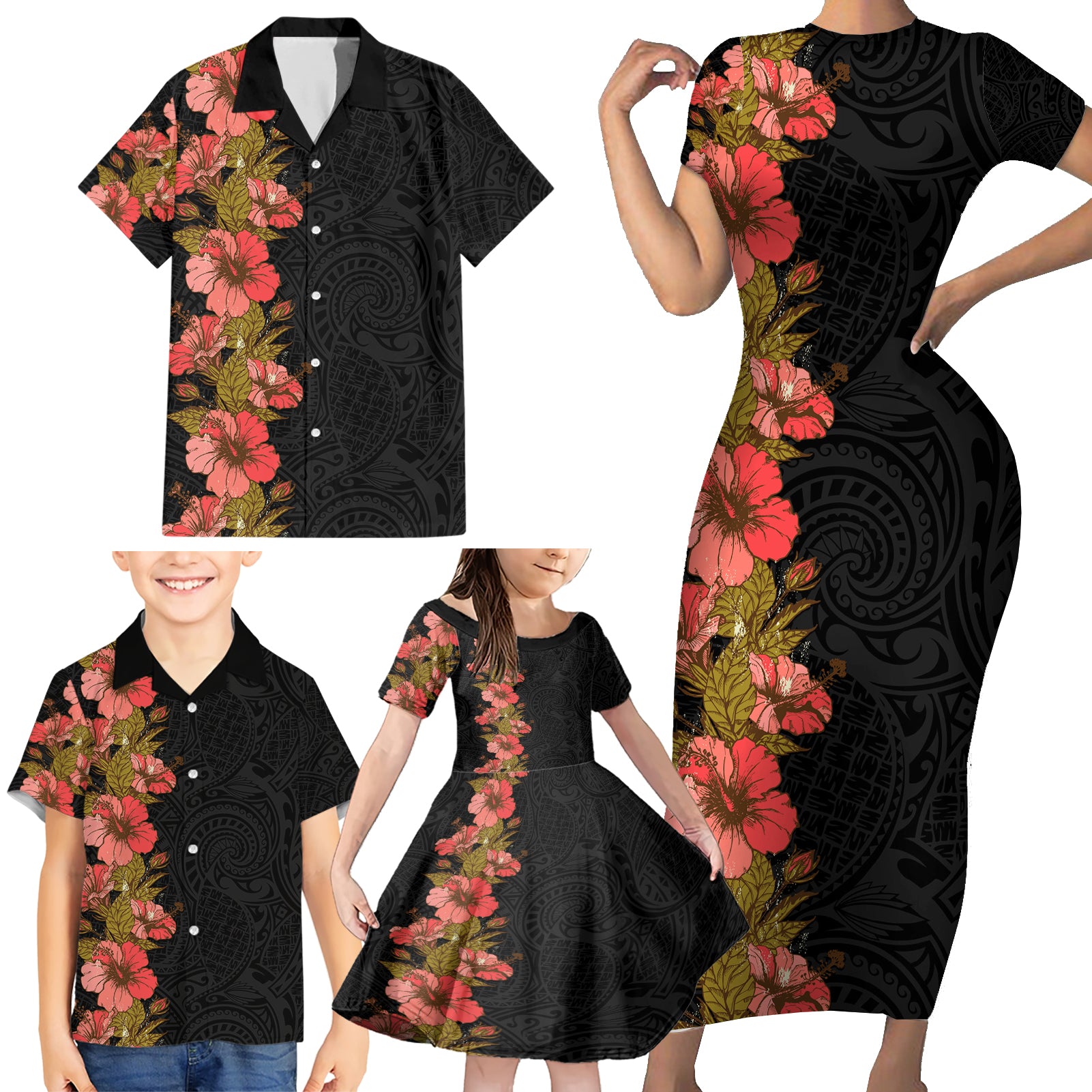 Hawaii Tropical Flowers Tribal Pattern Family Matching Short Sleeve Bodycon Dress and Hawaiian Shirt No4 LT9 - Polynesian Pride