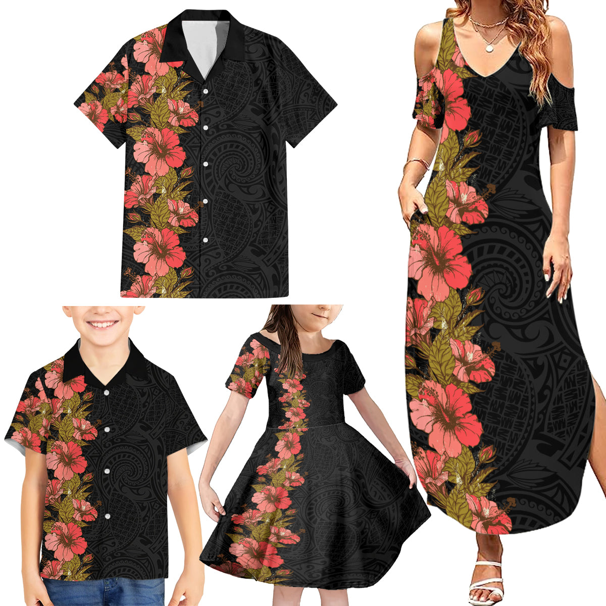 Hawaii Tropical Flowers Tribal Pattern Family Matching Summer Maxi Dress and Hawaiian Shirt No4 LT9 - Polynesian Pride