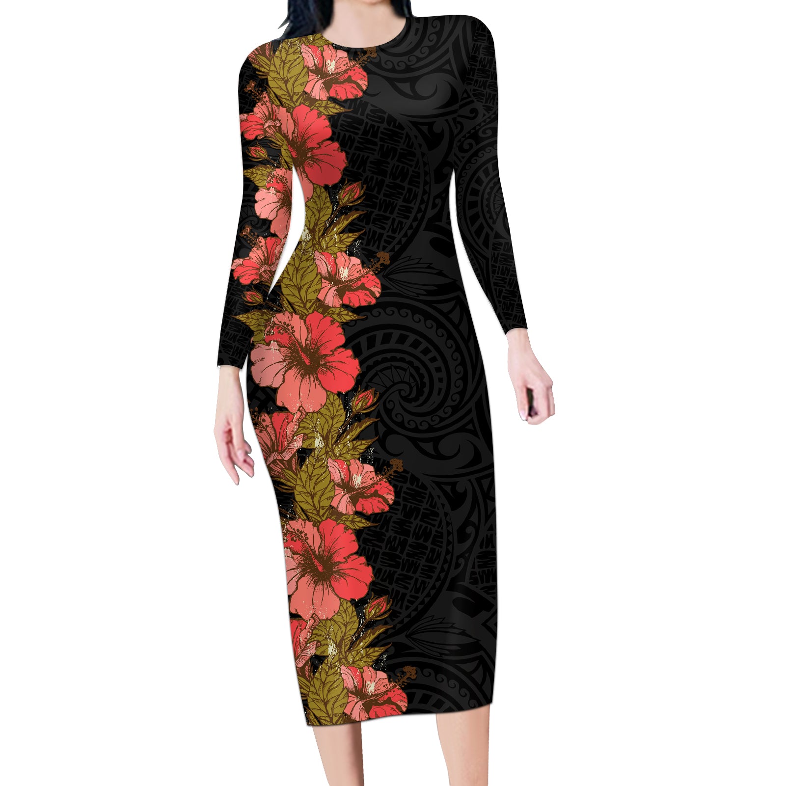 Hawaii Tropical Flowers Tribal Pattern Long Sleeve Bodycon Dress No4 LT9 Long Dress Black - Polynesian Pride