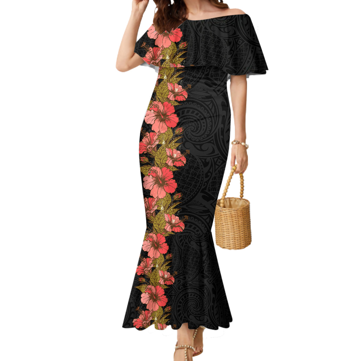 Hawaii Tropical Flowers Tribal Pattern Mermaid Dress No4 LT9 Women Black - Polynesian Pride