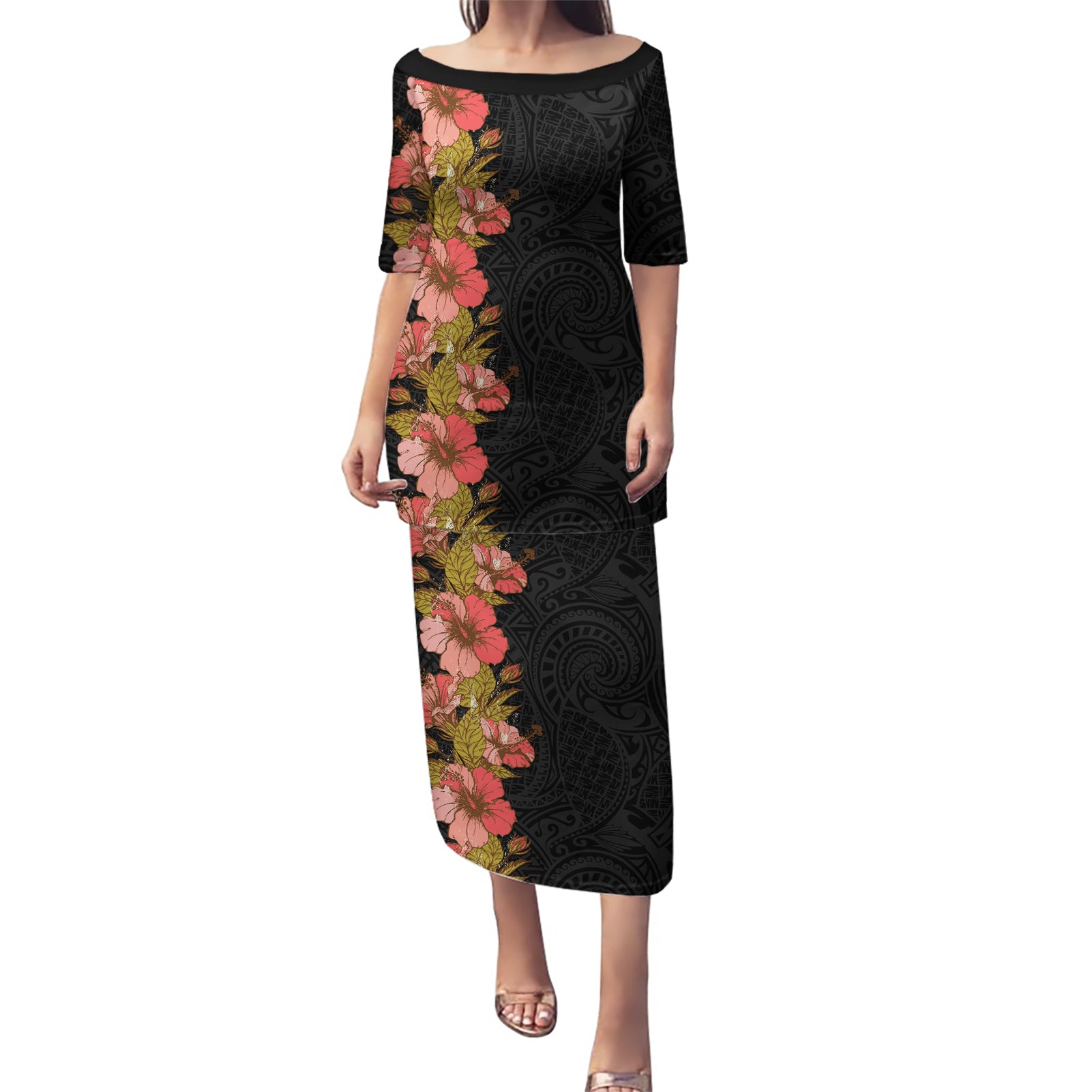 Hawaii Tropical Flowers Tribal Pattern Puletasi No4 LT9 Long Dress Black - Polynesian Pride