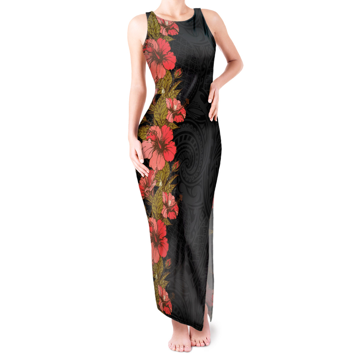 Hawaii Tropical Flowers Tribal Pattern Tank Maxi Dress No4 LT9 Women Black - Polynesian Pride