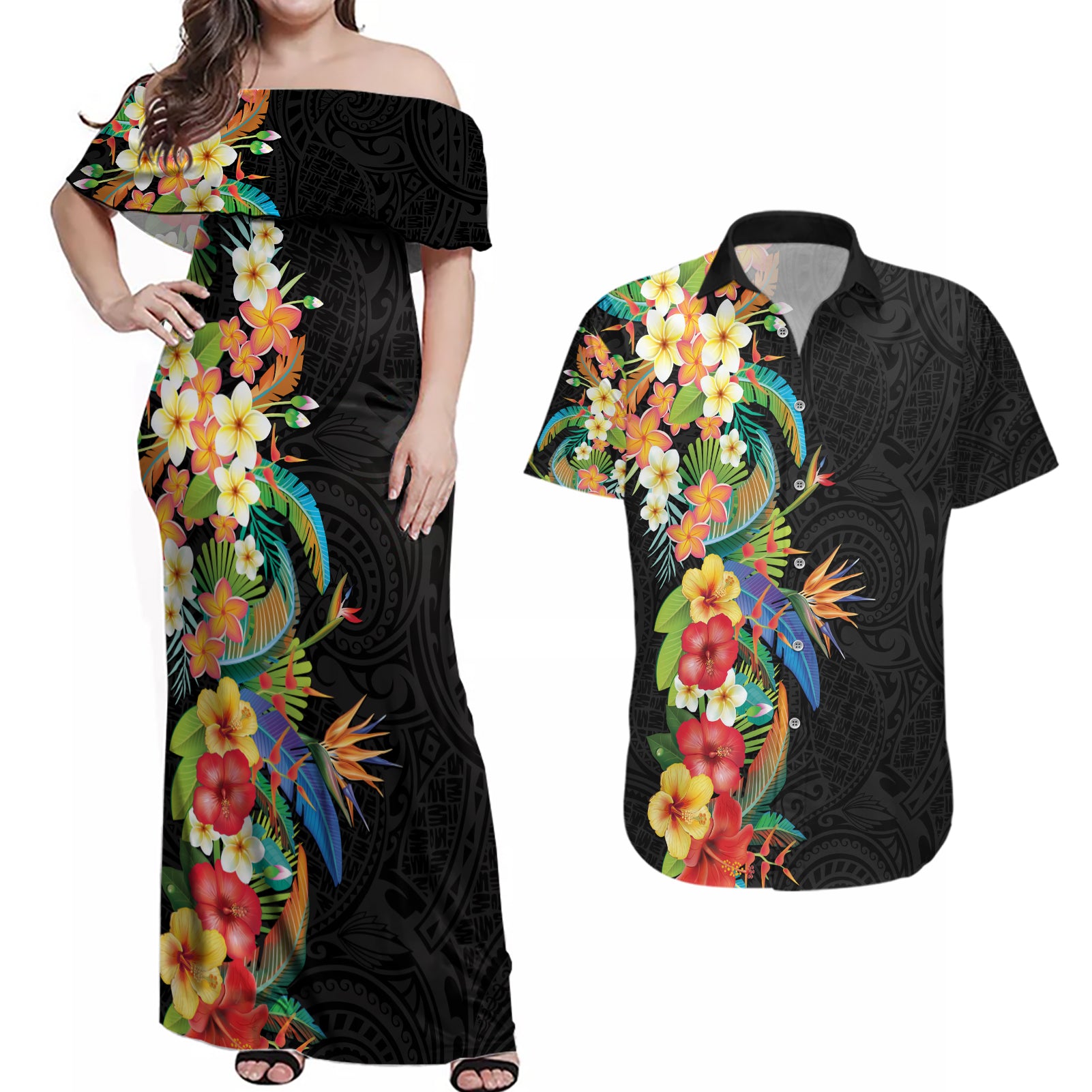 Hawaii Tropical Flowers Tribal Pattern Couples Matching Off Shoulder Maxi Dress and Hawaiian Shirt No5 LT9 Black - Polynesian Pride