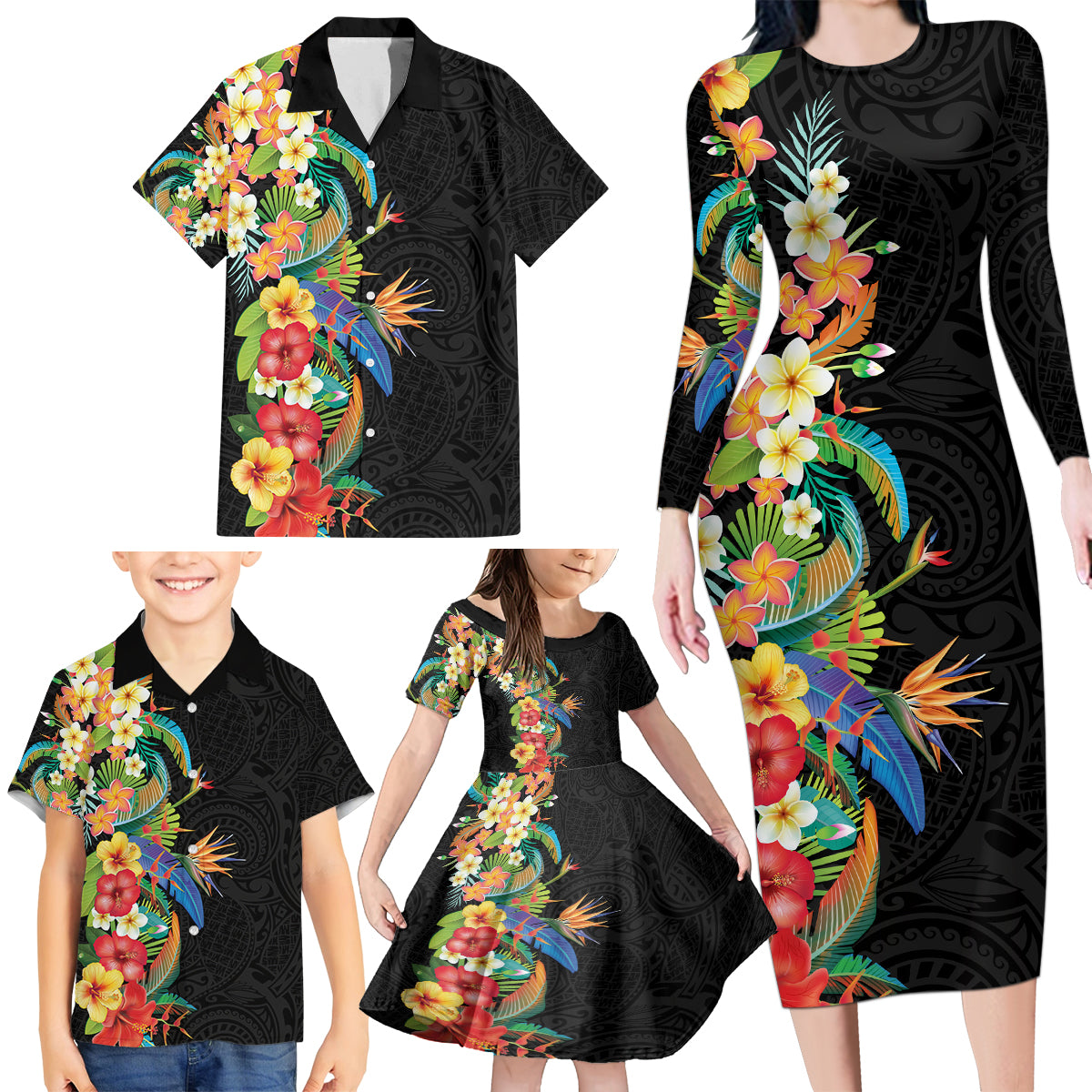 Hawaii Tropical Flowers Tribal Pattern Family Matching Long Sleeve Bodycon Dress and Hawaiian Shirt No5 LT9 - Polynesian Pride