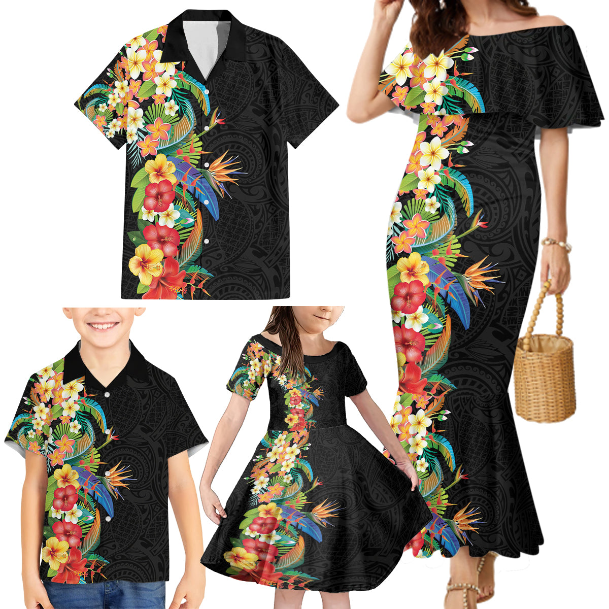 Hawaii Tropical Flowers Tribal Pattern Family Matching Mermaid Dress and Hawaiian Shirt No5 LT9 - Polynesian Pride