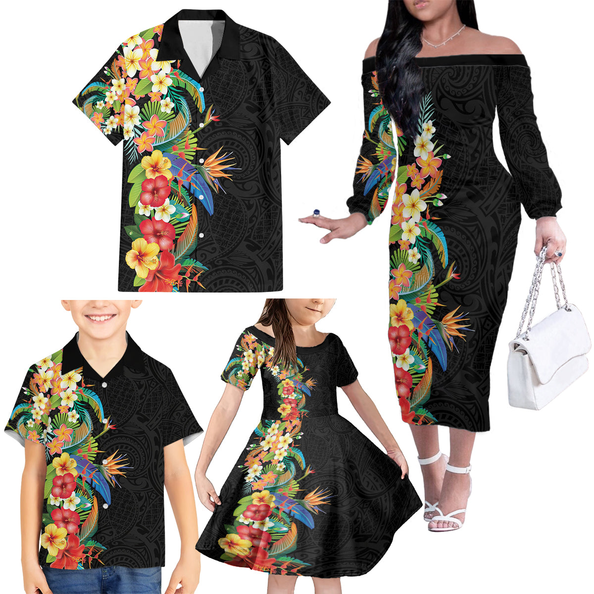 Hawaii Tropical Flowers Tribal Pattern Family Matching Off Shoulder Long Sleeve Dress and Hawaiian Shirt No5 LT9 - Polynesian Pride