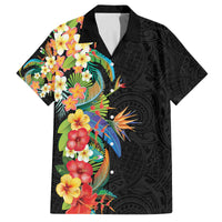 Hawaii Tropical Flowers Tribal Pattern Family Matching Off Shoulder Long Sleeve Dress and Hawaiian Shirt No5 LT9 Dad's Shirt - Short Sleeve Black - Polynesian Pride