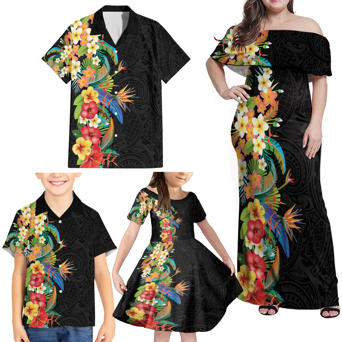 Hawaii Tropical Flowers Tribal Pattern Family Matching Off Shoulder Maxi Dress and Hawaiian Shirt No5 LT9 - Polynesian Pride