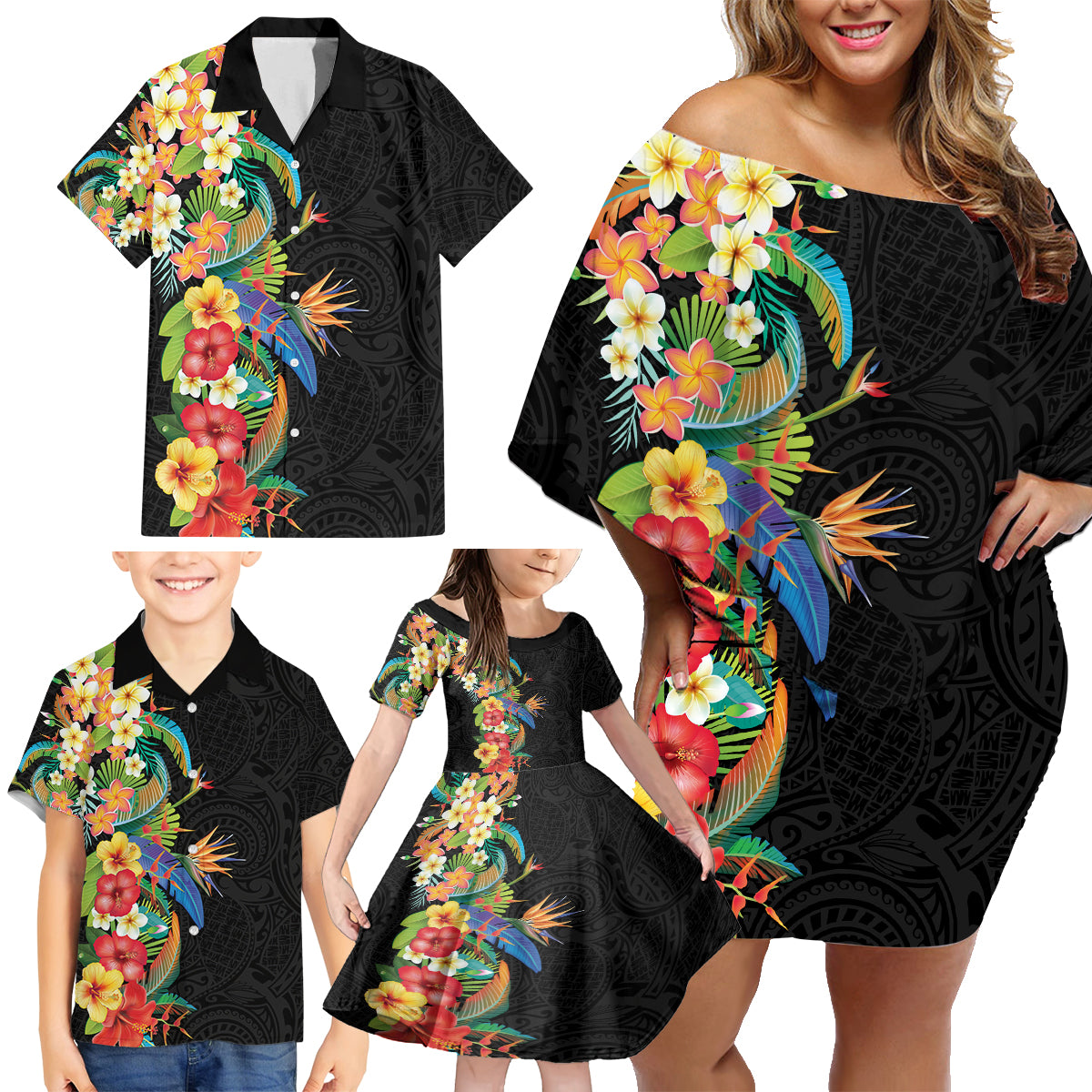 Hawaii Tropical Flowers Tribal Pattern Family Matching Off Shoulder Short Dress and Hawaiian Shirt No5 LT9 - Polynesian Pride