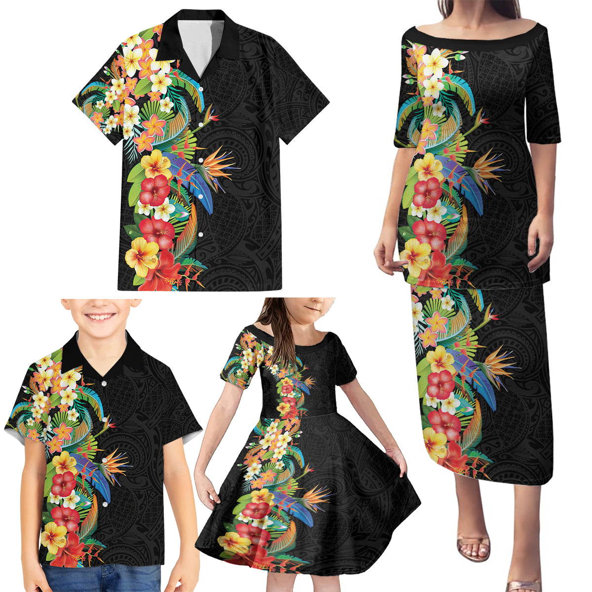 Hawaii Tropical Flowers Tribal Pattern Family Matching Puletasi and Hawaiian Shirt No5 LT9 - Polynesian Pride