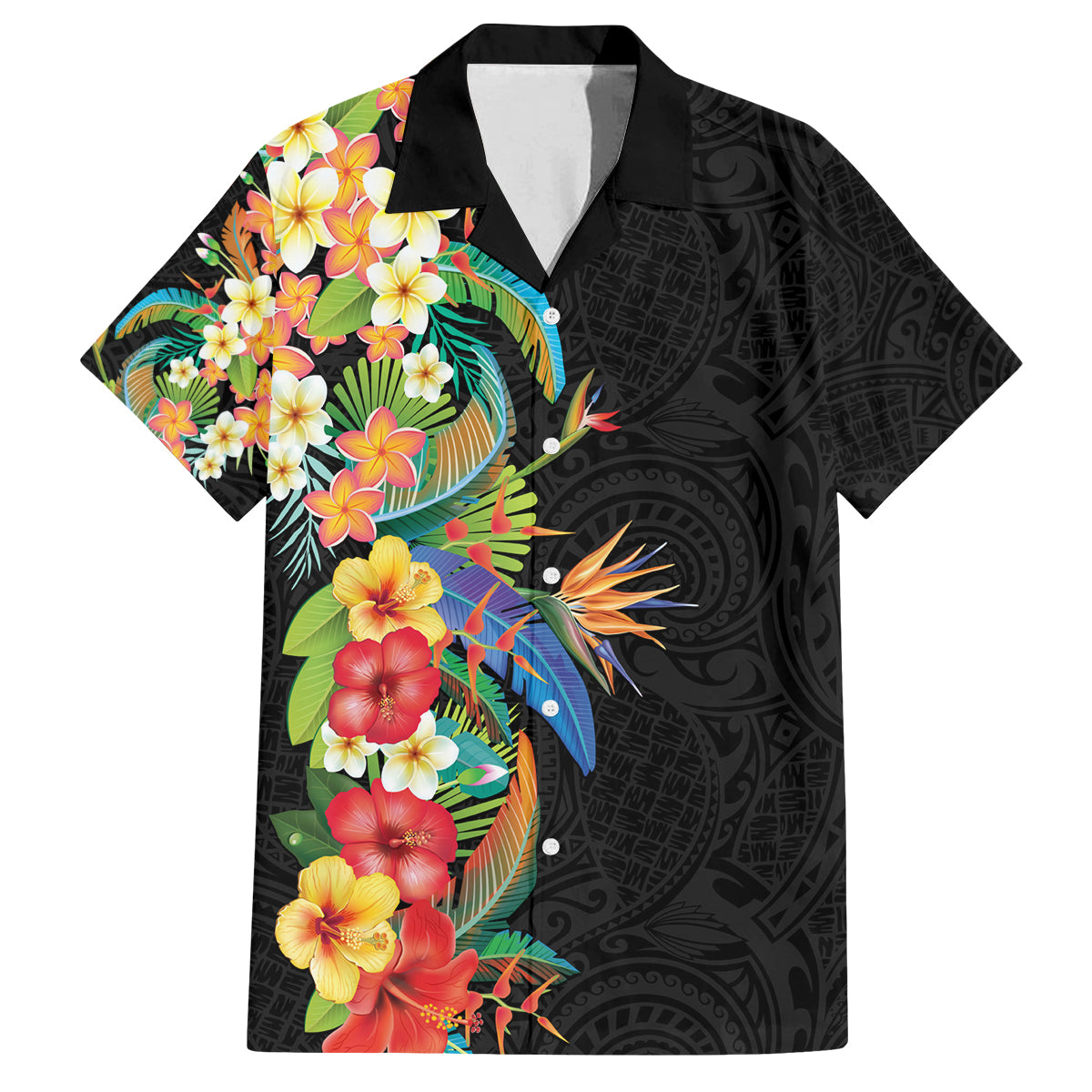 Hawaii Tropical Flowers Tribal Pattern Family Matching Puletasi and Hawaiian Shirt No5 LT9 Dad's Shirt - Short Sleeve Black - Polynesian Pride