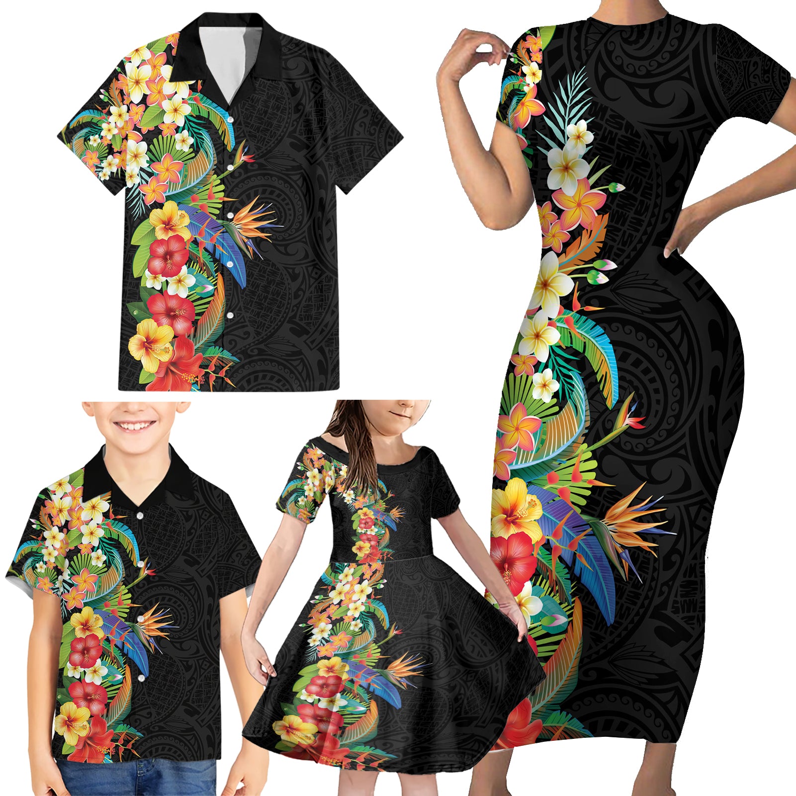 Hawaii Tropical Flowers Tribal Pattern Family Matching Short Sleeve Bodycon Dress and Hawaiian Shirt No5 LT9 - Polynesian Pride