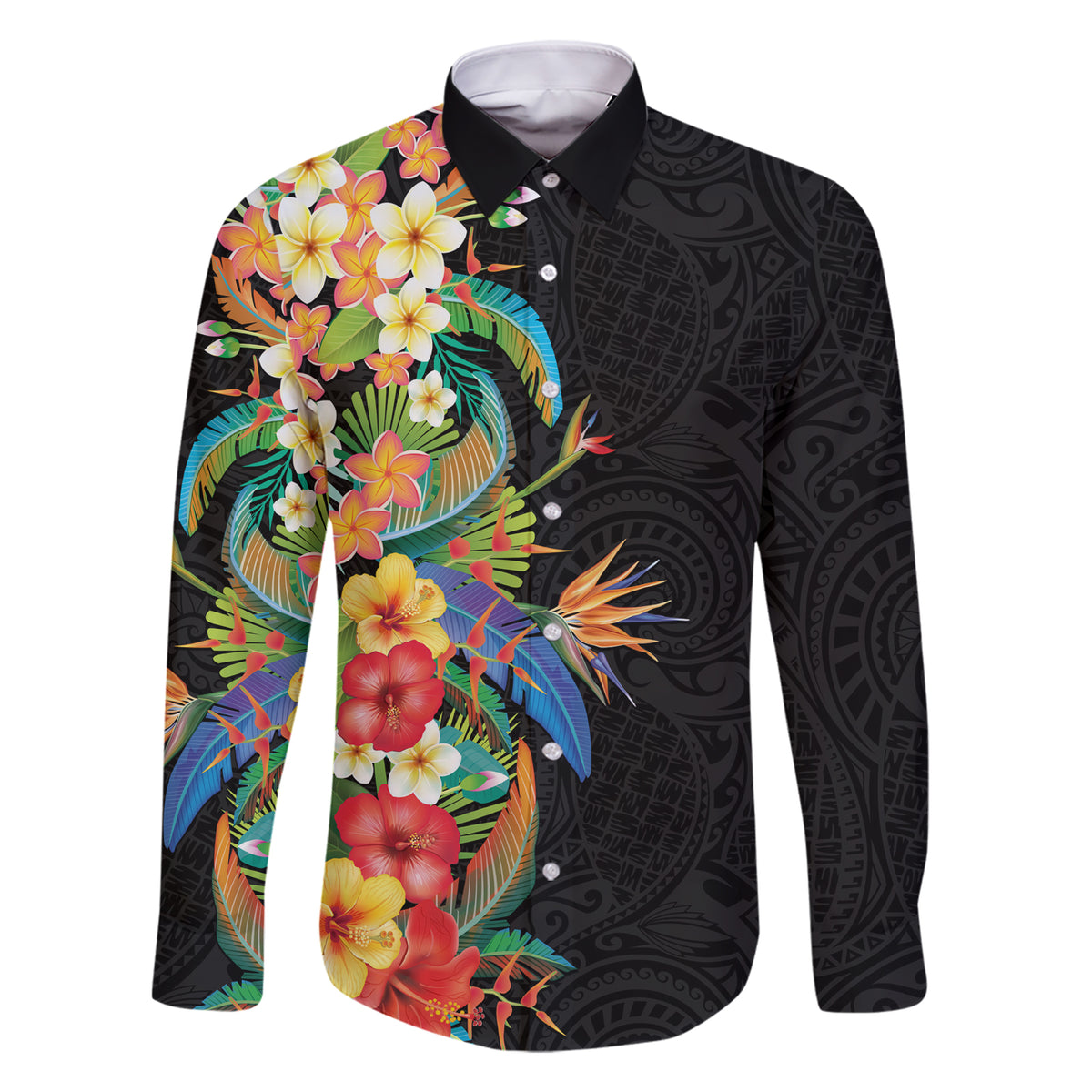 Hawaii Tropical Flowers Tribal Pattern Family Matching Short Sleeve Bodycon Dress and Hawaiian Shirt No5 LT9 Dad's Shirt - Long Sleeve Black - Polynesian Pride