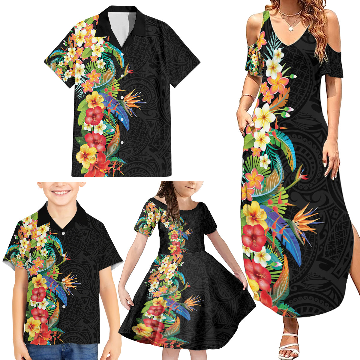 Hawaii Tropical Flowers Tribal Pattern Family Matching Summer Maxi Dress and Hawaiian Shirt No5 LT9 - Polynesian Pride