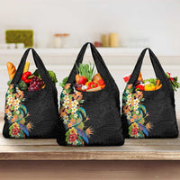 Hawaii Tropical Flowers Tribal Pattern Grocery Bag No5 LT9 3-pack One Size Black - Polynesian Pride