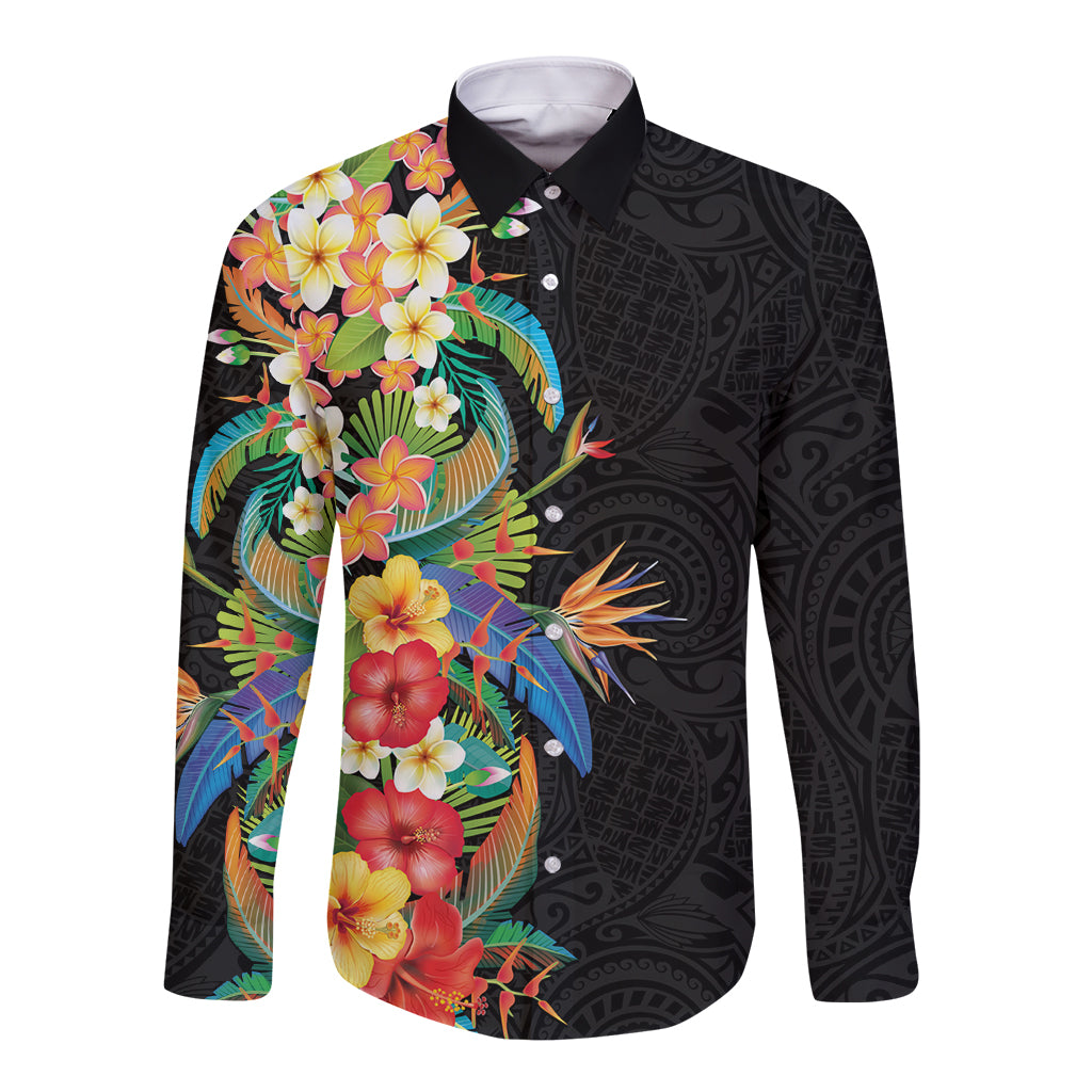 Hawaii Tropical Flowers Tribal Pattern Long Sleeve Button Shirt No5 LT9 Unisex Black - Polynesian Pride