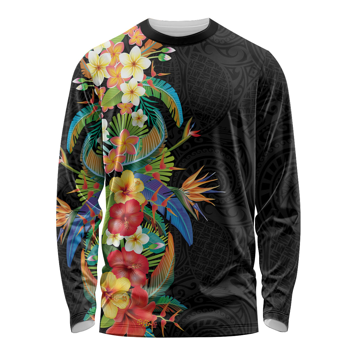 Hawaii Tropical Flowers Tribal Pattern Long Sleeve Shirt No5 LT9 Unisex Black - Polynesian Pride