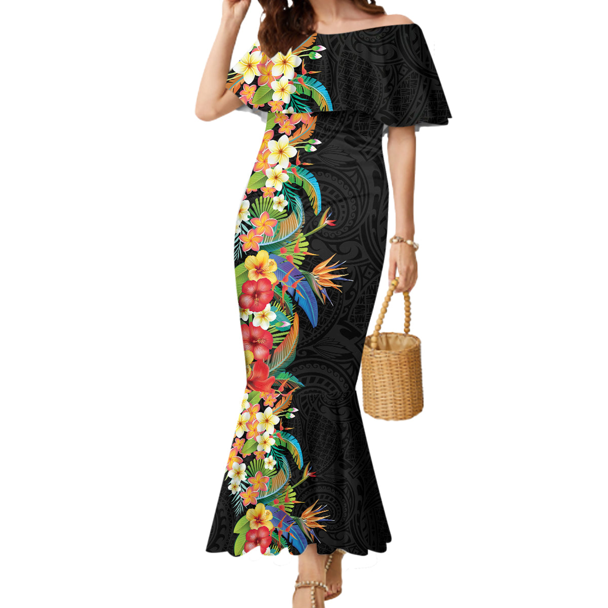 Hawaii Tropical Flowers Tribal Pattern Mermaid Dress No5 LT9 Women Black - Polynesian Pride