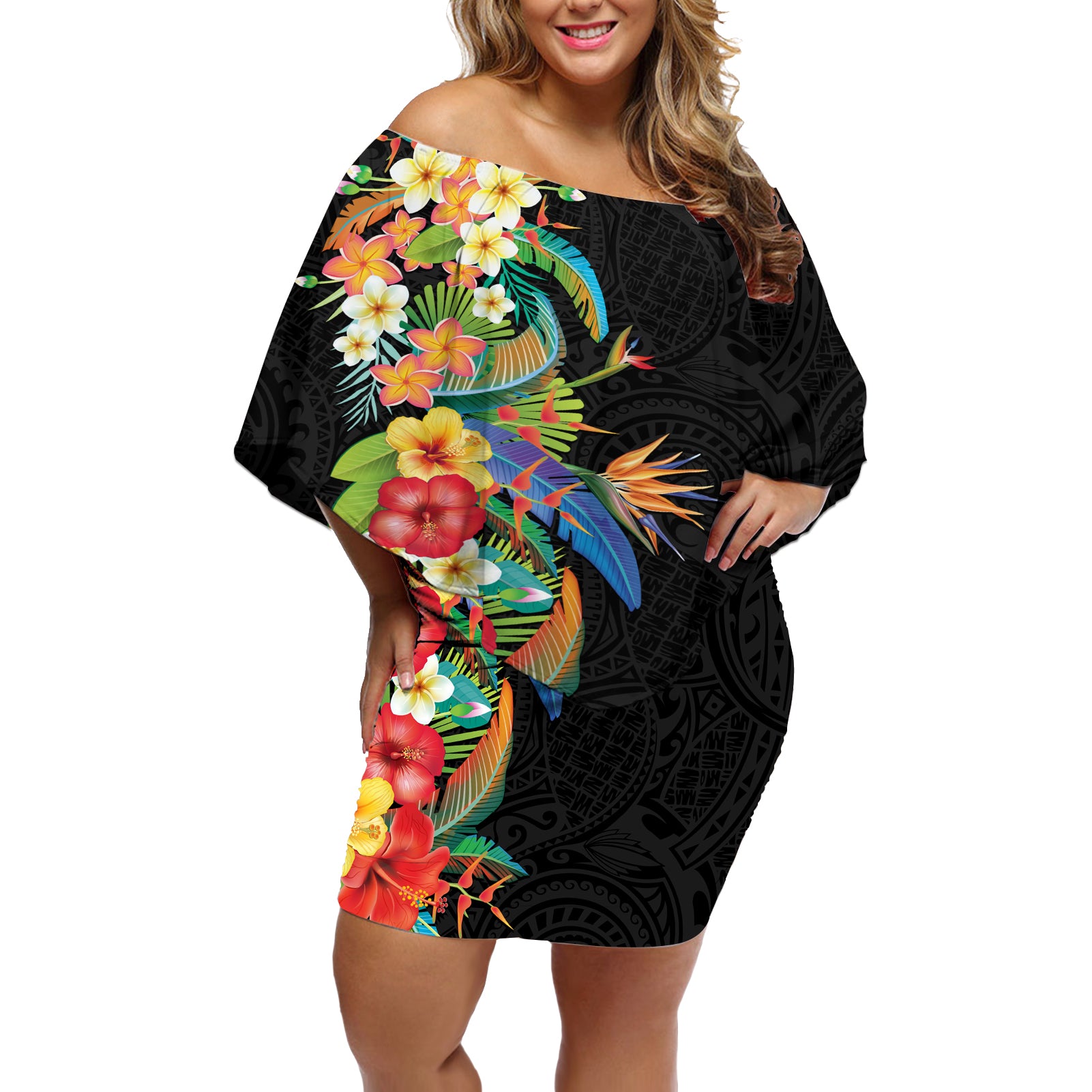 Hawaii Tropical Flowers Tribal Pattern Off Shoulder Short Dress No5 LT9 Women Black - Polynesian Pride