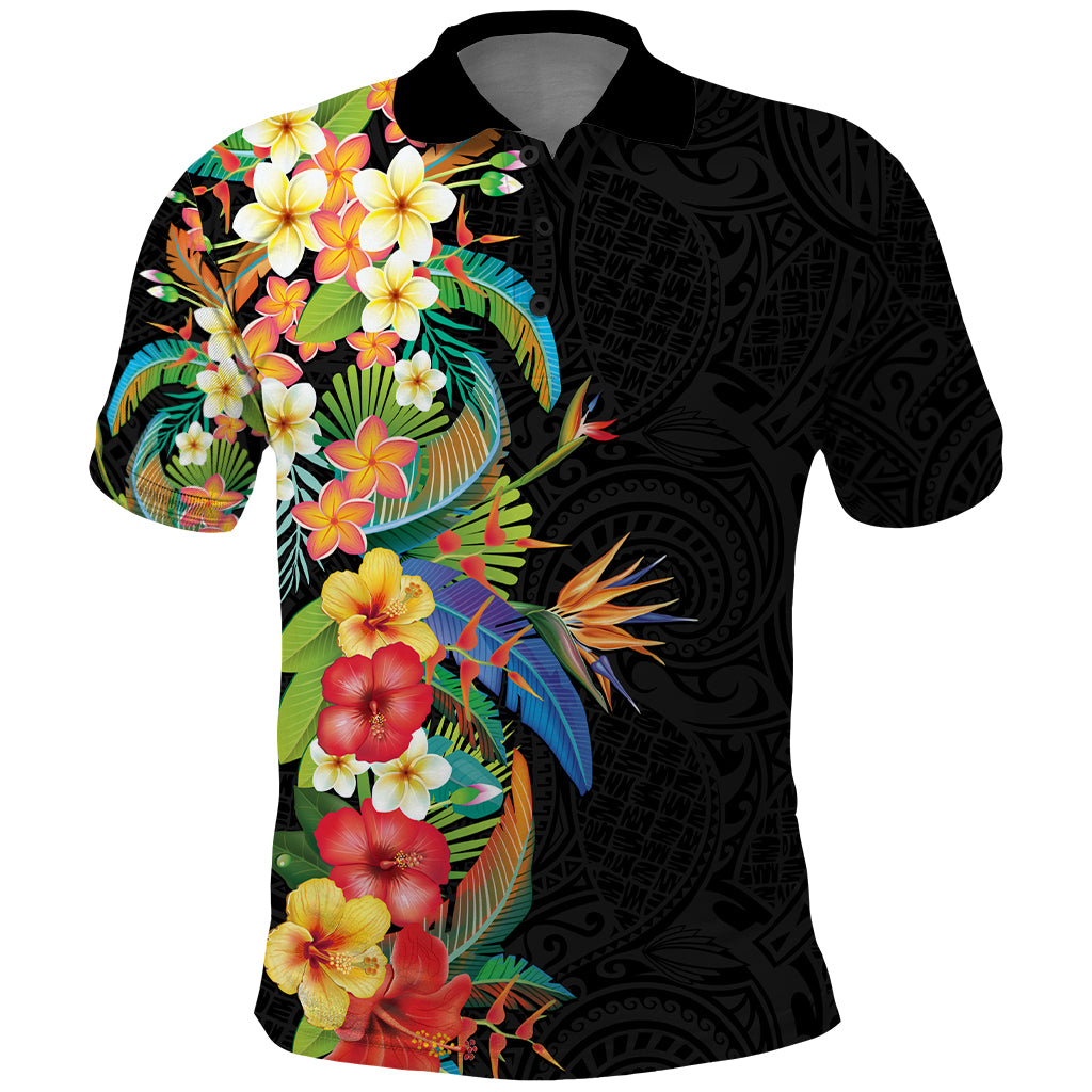 Hawaii Tropical Flowers Tribal Pattern Polo Shirt No5 - LT9 Black - Polynesian Pride