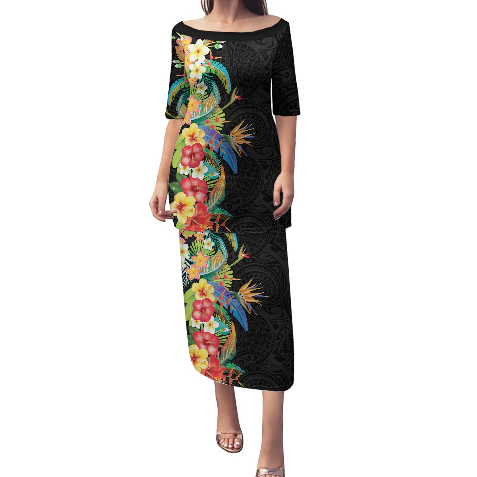 Hawaii Tropical Flowers Tribal Pattern Puletasi No5 LT9 Long Dress Black - Polynesian Pride