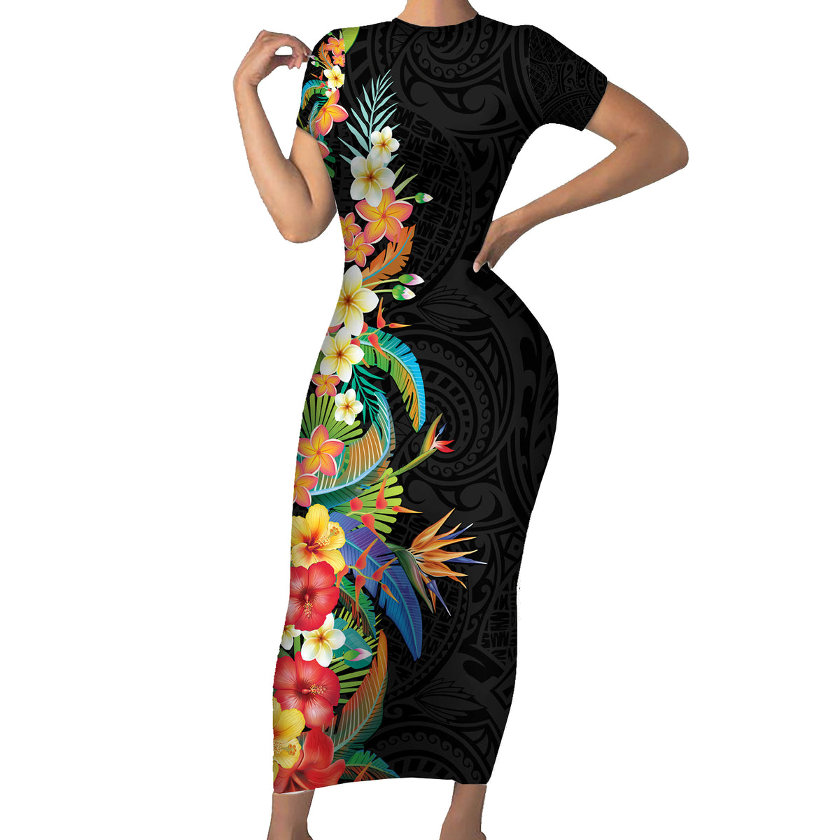 Hawaii Tropical Flowers Tribal Pattern Short Sleeve Bodycon Dress No5 LT9 Long Dress Black - Polynesian Pride