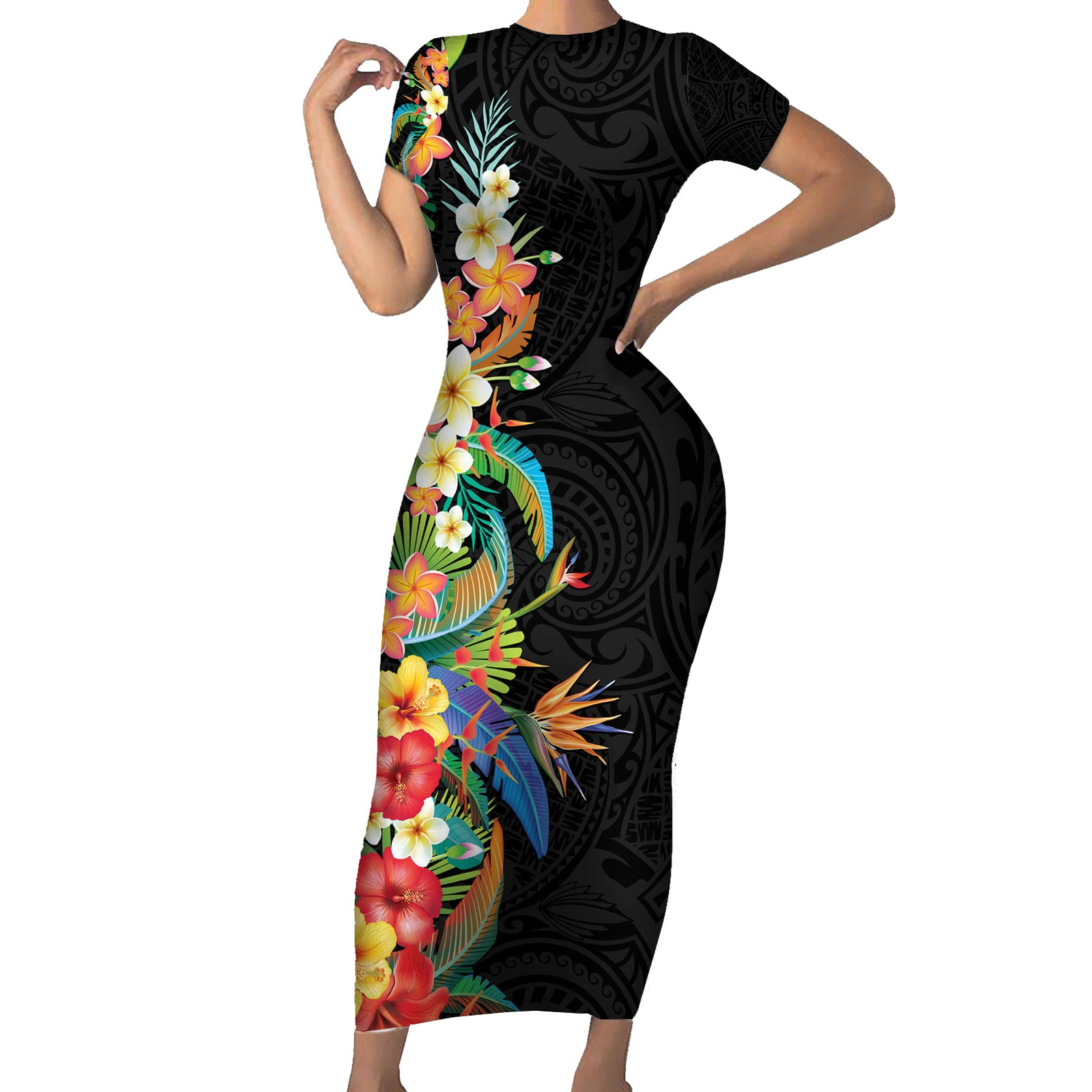 Hawaii Tropical Flowers Tribal Pattern Short Sleeve Bodycon Dress No5 LT9 Long Dress Black - Polynesian Pride