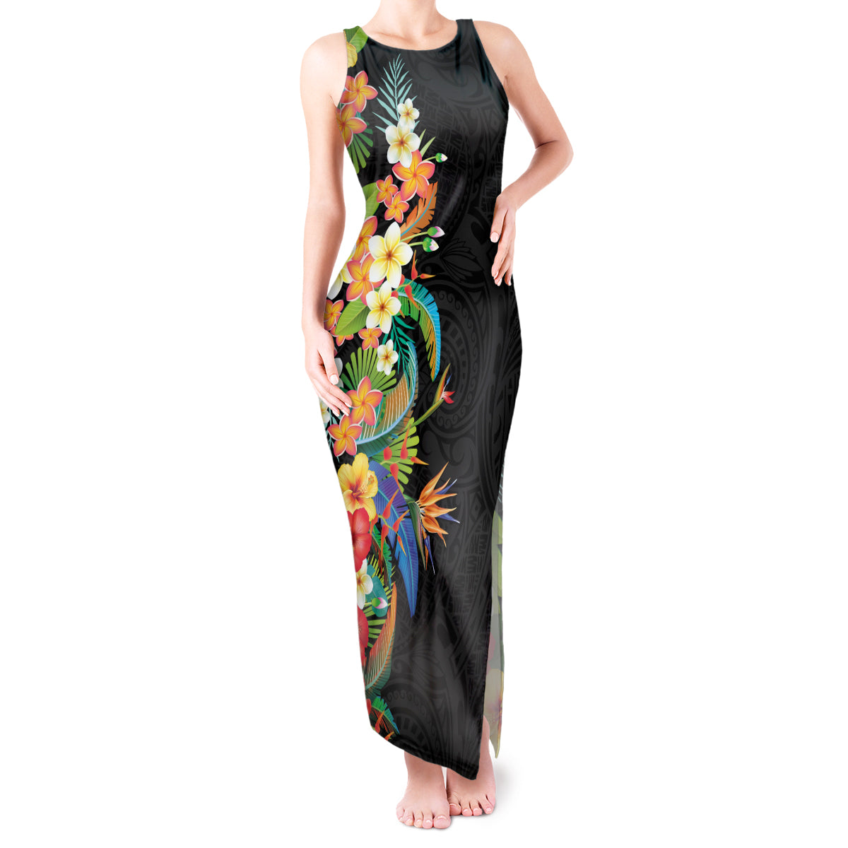 Hawaii Tropical Flowers Tribal Pattern Tank Maxi Dress No5 LT9 Women Black - Polynesian Pride