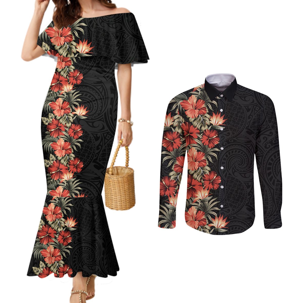 Hawaii Tropical Flowers Tribal Pattern Couples Matching Mermaid Dress and Long Sleeve Button Shirt No6 LT9 Black - Polynesian Pride