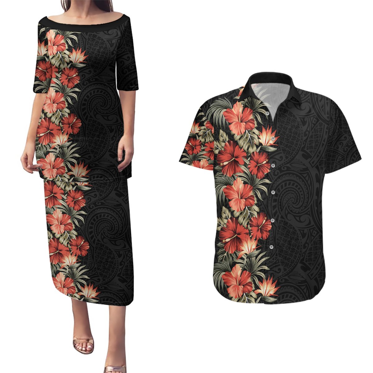 Hawaii Tropical Flowers Tribal Pattern Couples Matching Puletasi and Hawaiian Shirt No6 LT9 Black - Polynesian Pride