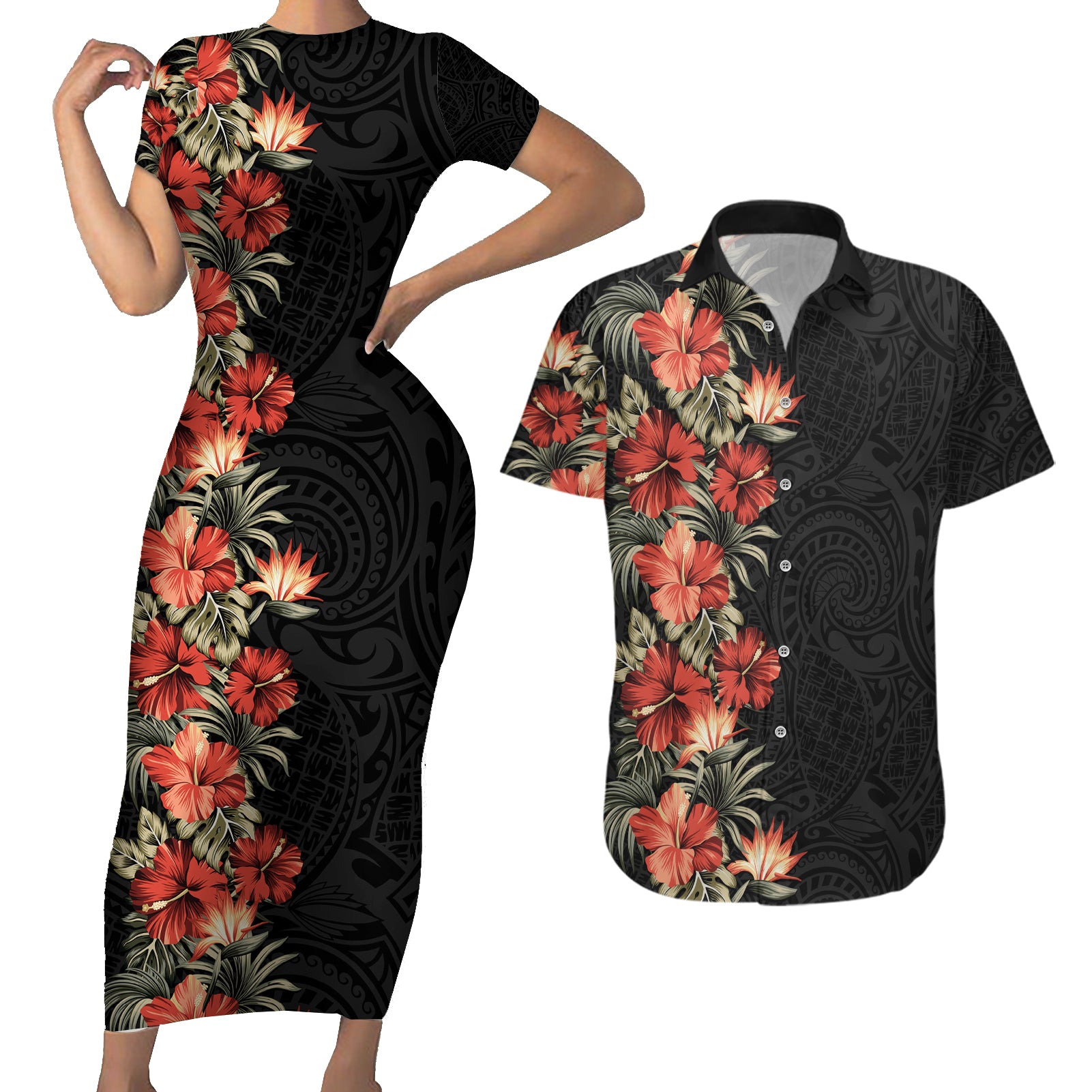 Hawaii Tropical Flowers Tribal Pattern Couples Matching Short Sleeve Bodycon Dress and Hawaiian Shirt No6 LT9 Black - Polynesian Pride