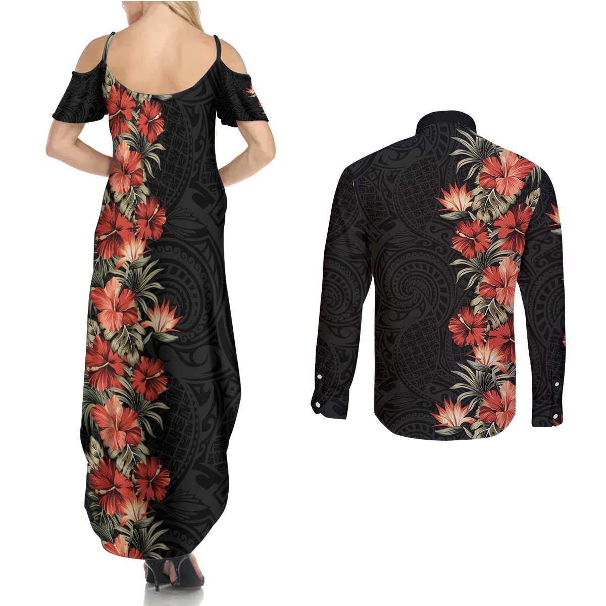 Hawaii Tropical Flowers Tribal Pattern Couples Matching Summer Maxi Dress and Long Sleeve Button Shirt No6 LT9 - Polynesian Pride