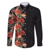 Hawaii Tropical Flowers Tribal Pattern Family Matching Off Shoulder Maxi Dress and Hawaiian Shirt No6 LT9 Dad's Shirt - Long Sleeve Black - Polynesian Pride