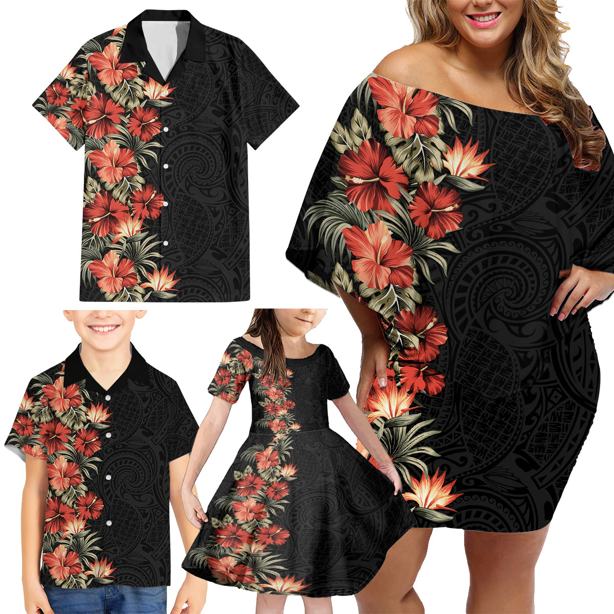 Hawaii Tropical Flowers Tribal Pattern Family Matching Off Shoulder Short Dress and Hawaiian Shirt No6 LT9 - Polynesian Pride