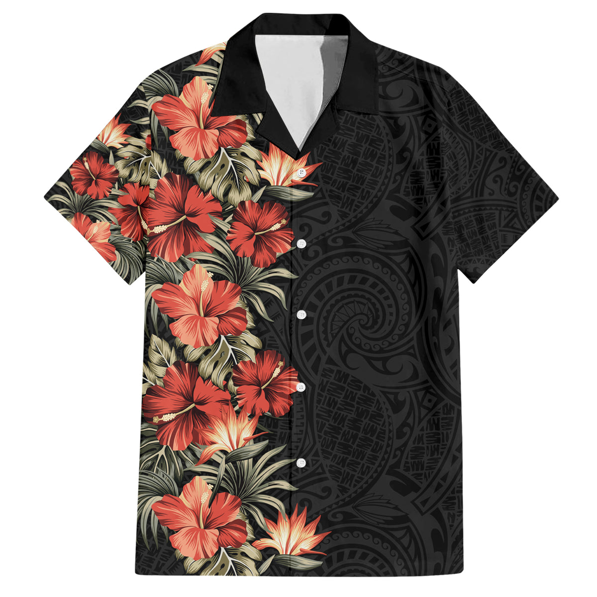 Hawaii Tropical Flowers Tribal Pattern Family Matching Short Sleeve Bodycon Dress and Hawaiian Shirt No6 LT9 Dad's Shirt - Short Sleeve Black - Polynesian Pride