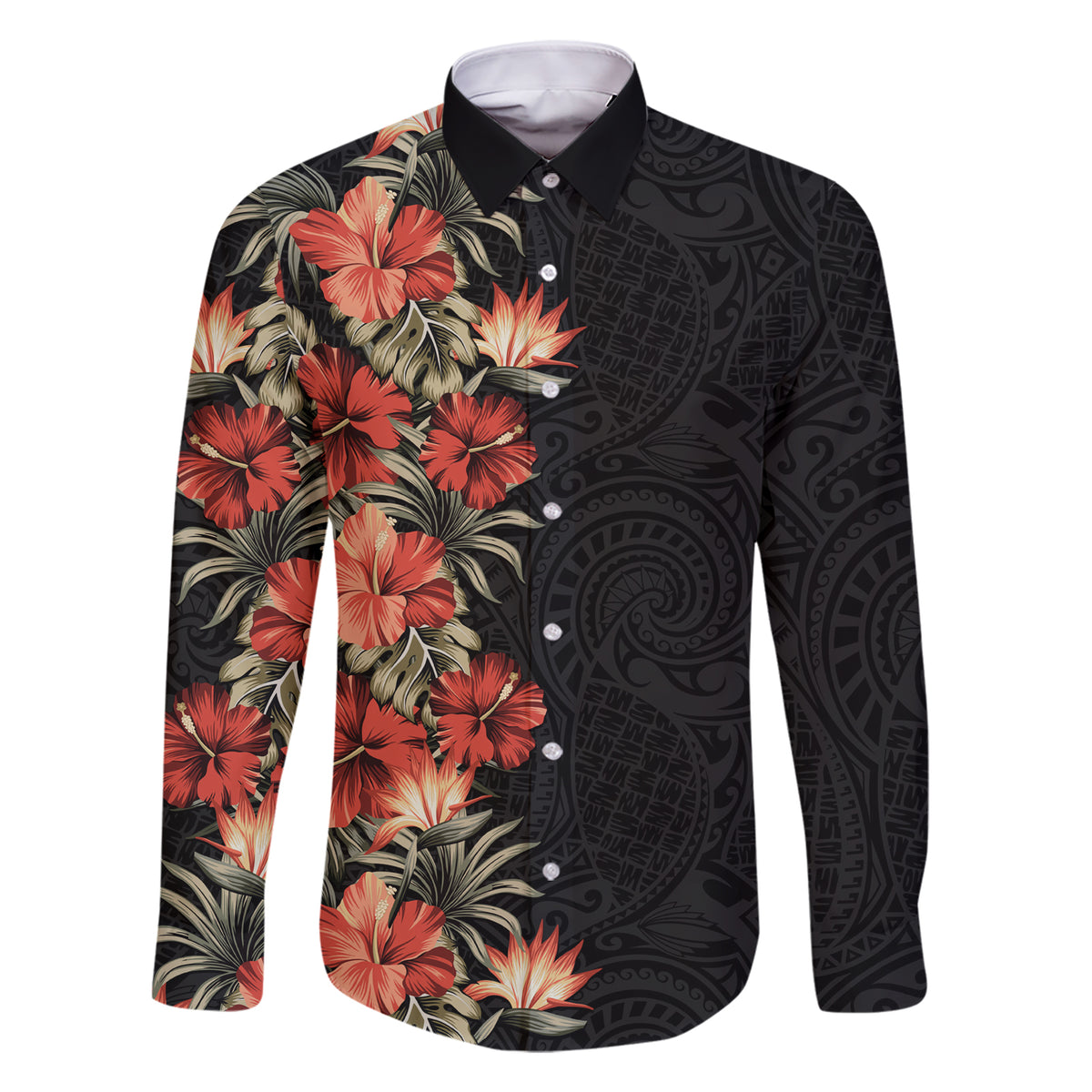 Hawaii Tropical Flowers Tribal Pattern Family Matching Short Sleeve Bodycon Dress and Hawaiian Shirt No6 LT9 Dad's Shirt - Long Sleeve Black - Polynesian Pride