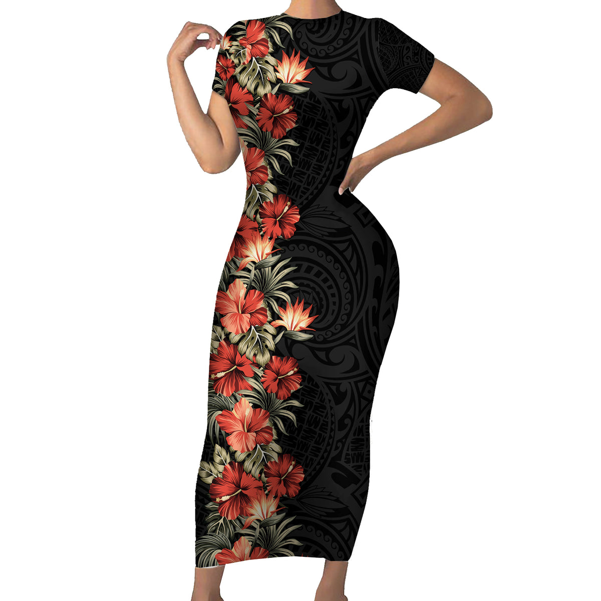 Hawaii Tropical Flowers Tribal Pattern Family Matching Short Sleeve Bodycon Dress and Hawaiian Shirt No6 LT9 Mom's Dress Black - Polynesian Pride