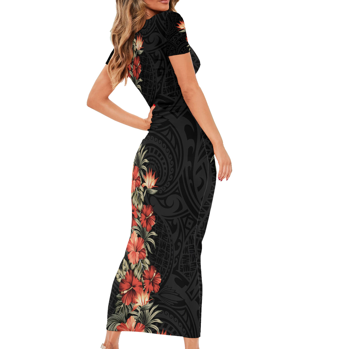 Hawaii Tropical Flowers Tribal Pattern Family Matching Short Sleeve Bodycon Dress and Hawaiian Shirt No6 LT9 - Polynesian Pride