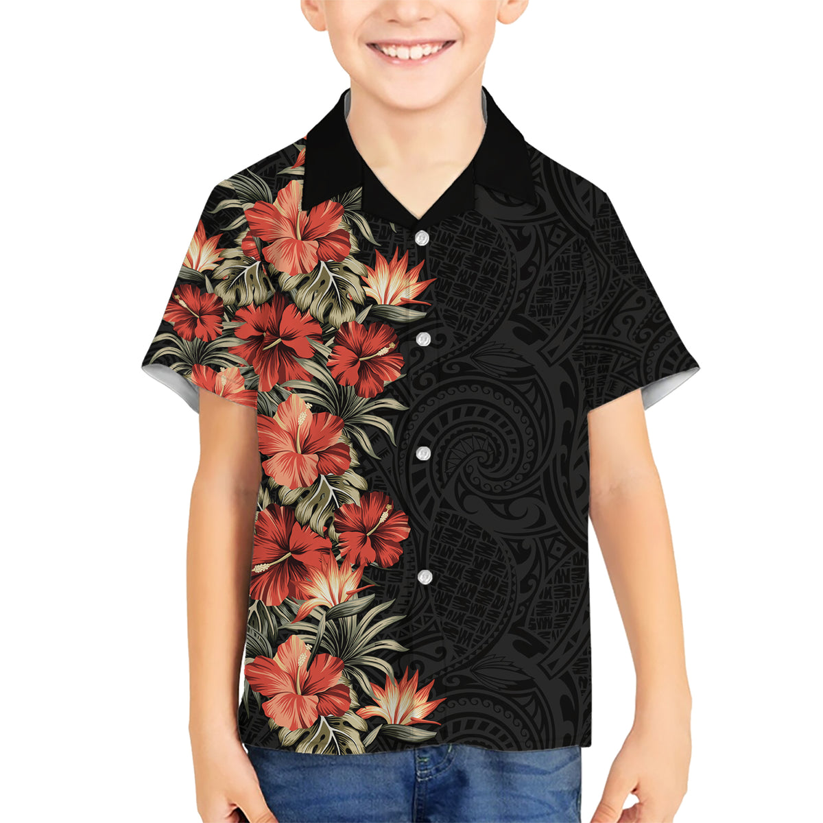 Hawaii Tropical Flowers Tribal Pattern Family Matching Short Sleeve Bodycon Dress and Hawaiian Shirt No6 LT9 Son's Shirt Black - Polynesian Pride
