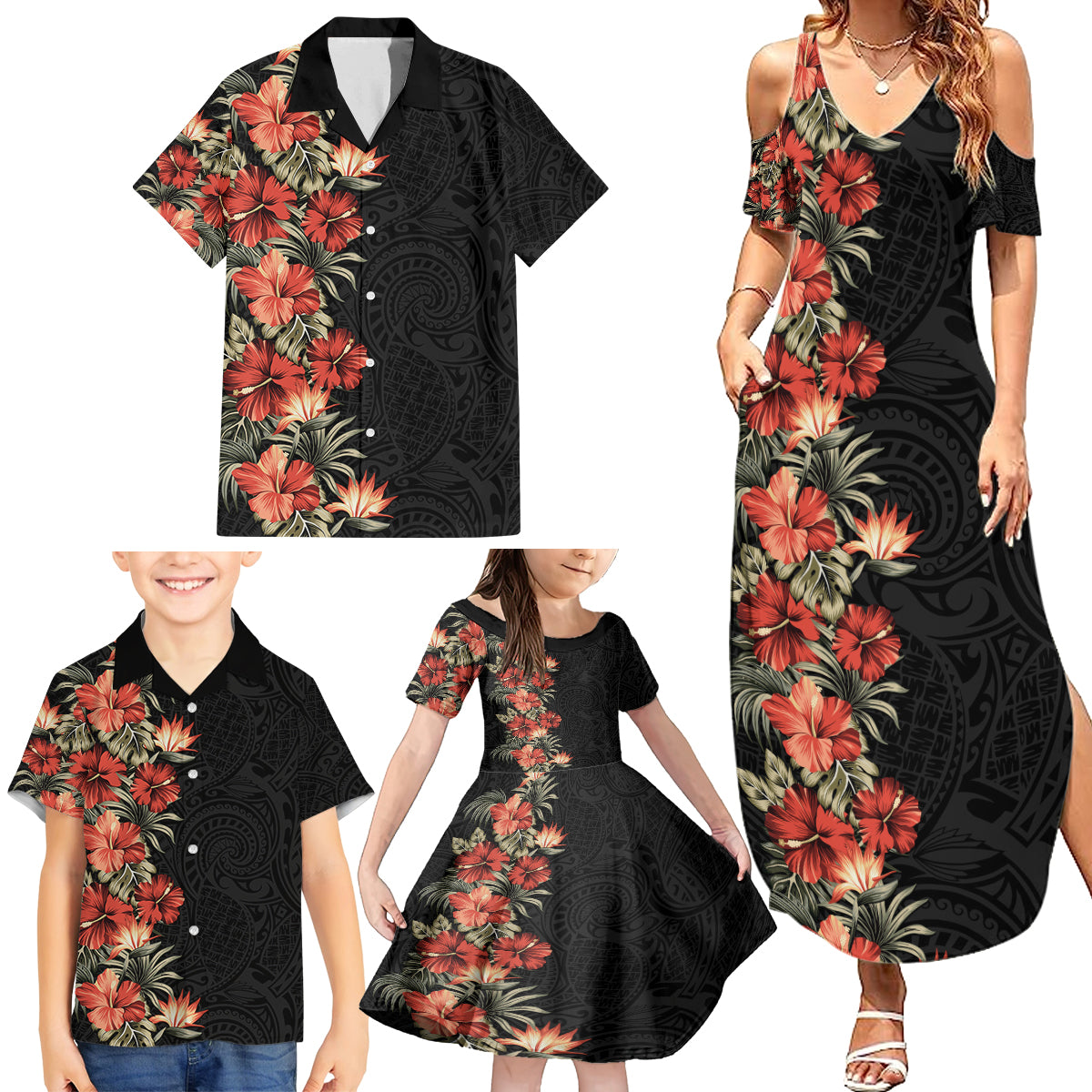 Hawaii Tropical Flowers Tribal Pattern Family Matching Summer Maxi Dress and Hawaiian Shirt No6 LT9 - Polynesian Pride