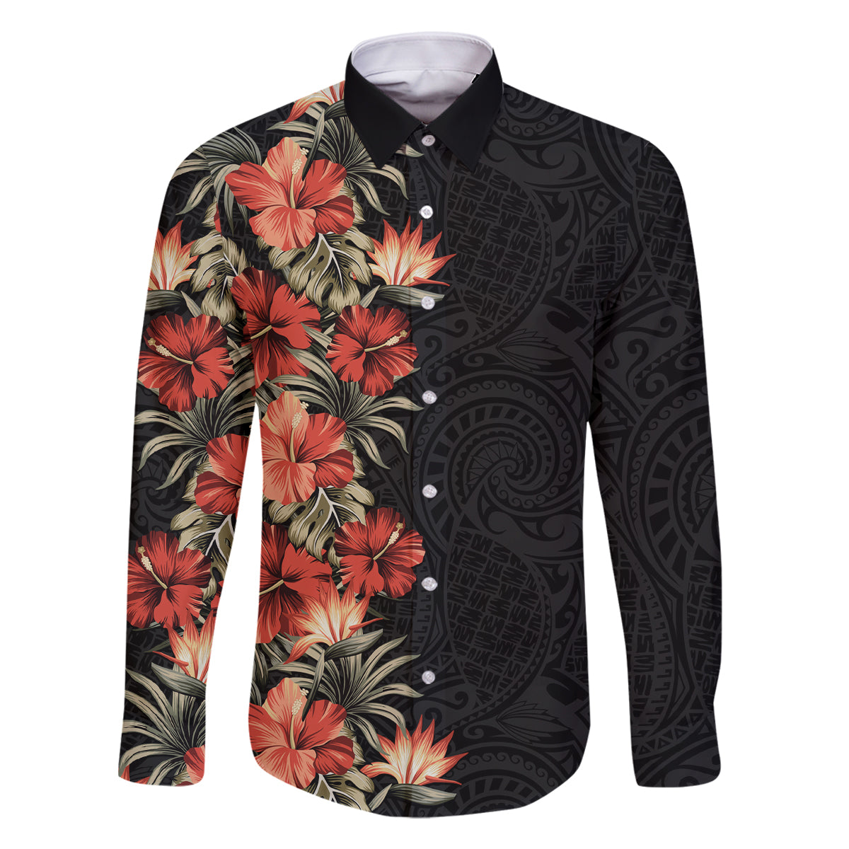 Hawaii Tropical Flowers Tribal Pattern Family Matching Summer Maxi Dress and Hawaiian Shirt No6 LT9 Dad's Shirt - Long Sleeve Black - Polynesian Pride